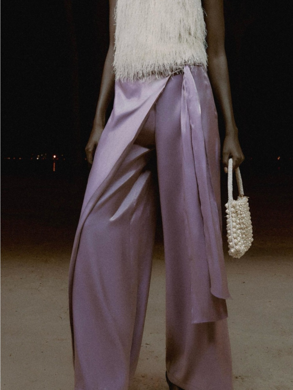 Lavender Satin Wide-Leg Pants with Tie Waist - Picture 5 of 5
